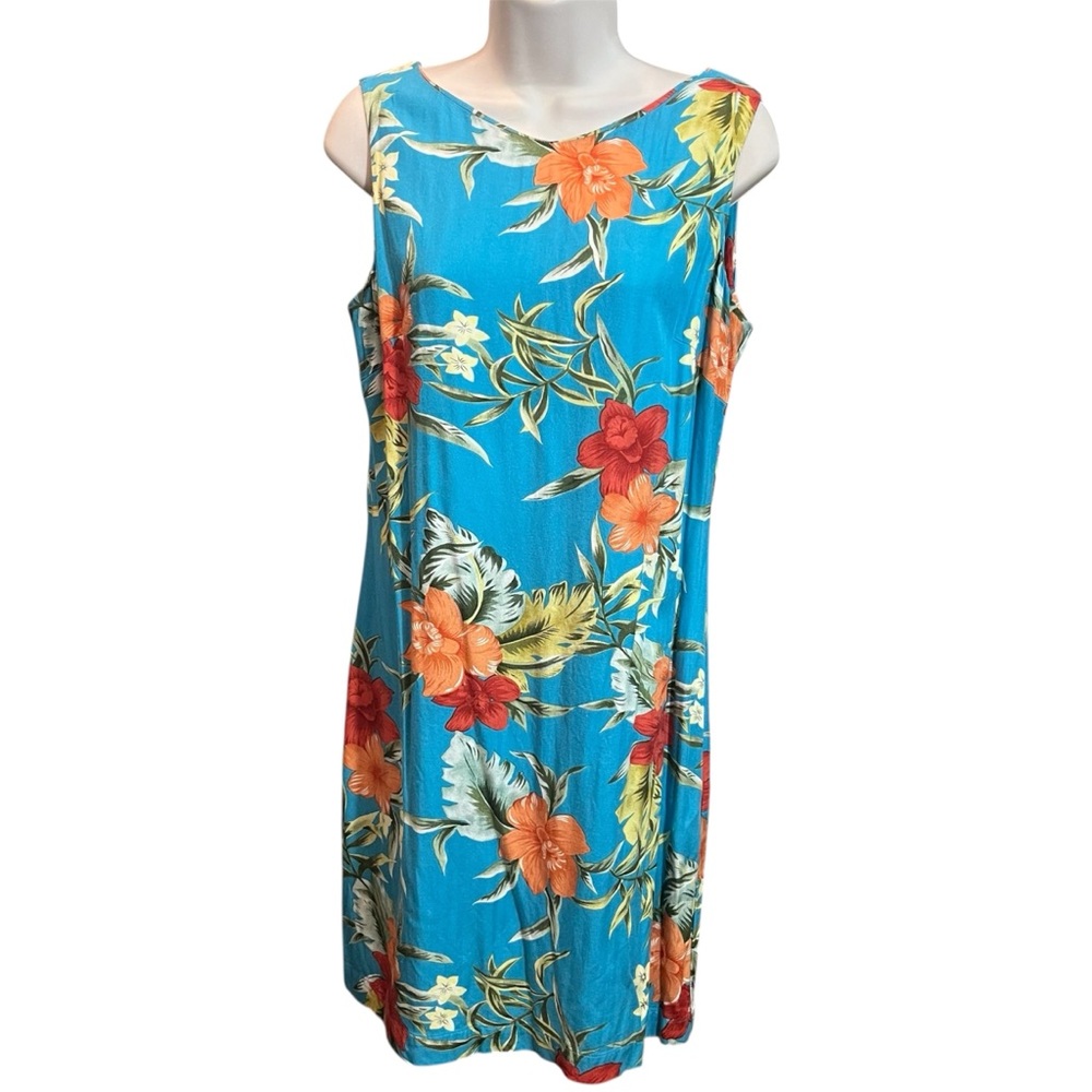 Caribbean Joe Blue Tropical Floral Sleeveless Dress Rayon  Size PM Resortwear